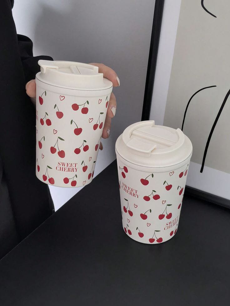 Cherry Print Insulated Coffee Mug with Lid – Leakproof Travel Cup for Hot & Cold Drinks - Image 2