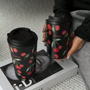 Cherry Print Insulated Coffee Mug with Lid – Leakproof Travel Cup for Hot & Cold Drinks