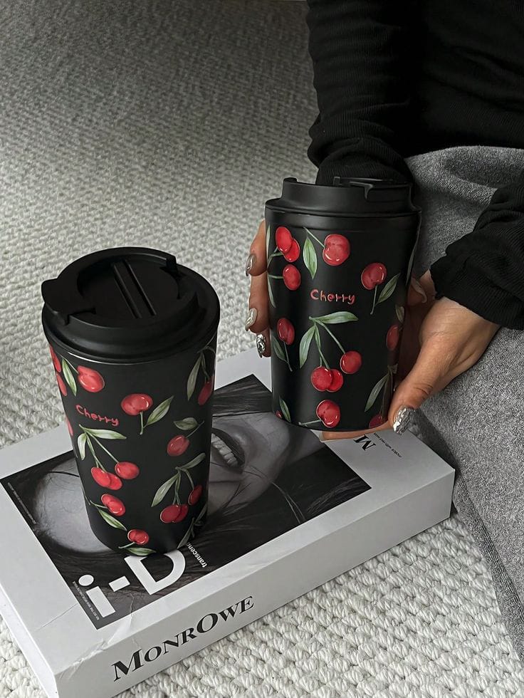 Cherry Print Insulated Coffee Mug with Lid – Leakproof Travel Cup for Hot & Cold Drinks