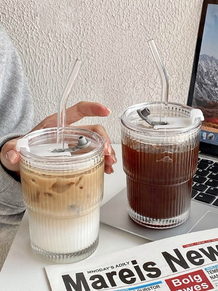 Ribbed Glass Coffee Cup with Lid & Straw – Clear Iced Coffee Tumbler for Hot & Cold Drinks (Reusable - Image 2
