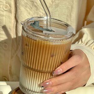 Ribbed Glass Coffee Cup with Lid & Straw – Clear Iced Coffee Tumbler for Hot & Cold Drinks (Reusable