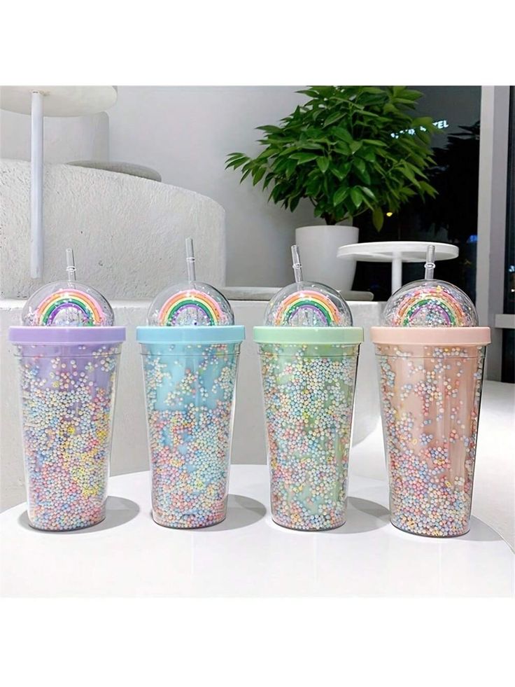 Rainbow Dome Cap Confetti Tumbler - Double-Wall Plastic Cup with Floating Glitter and Reusable Straw (Fun Kids' Drinkware) - Image 3