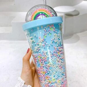 Rainbow Dome Cap Confetti Tumbler - Double-Wall Plastic Cup with Floating Glitter and Reusable Straw (Fun Kids' Drinkware)
