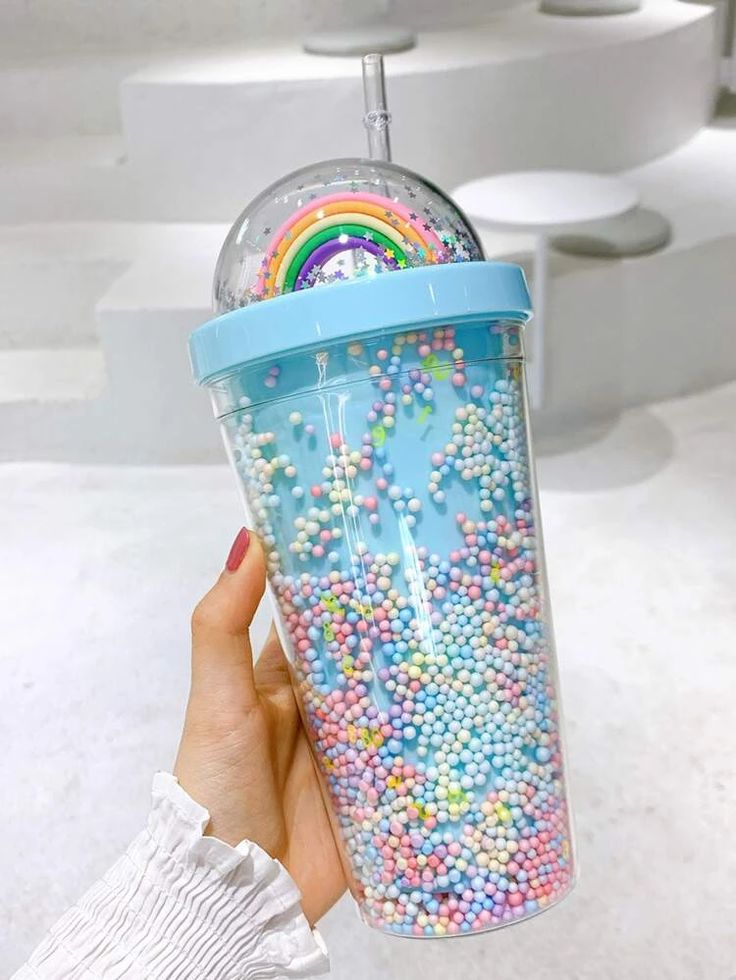 Rainbow Dome Cap Confetti Tumbler - Double-Wall Plastic Cup with Floating Glitter and Reusable Straw (Fun Kids' Drinkware)