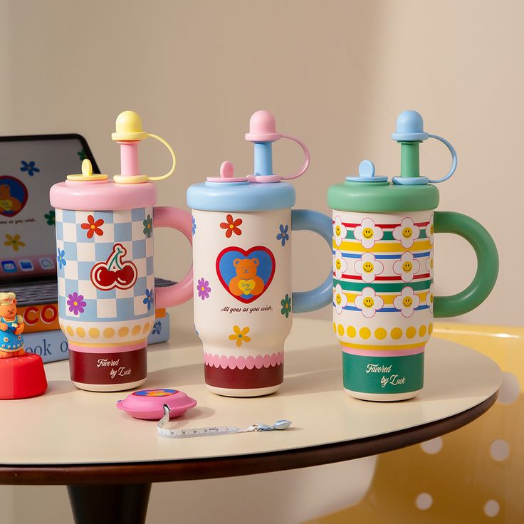 Stainless Steel Tumbler with Cute Handle, Colorful Lid, and Built-in Straw (Aesthetic Collection)