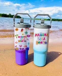 Stainless Steel Travel Mug with Carry Handle, Flip Cap, and Fun Graphics