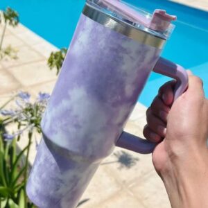 tainless Steel Travel Mug with Marble/Tie-Dye Print, Comfort Handle, and Reusable Straw