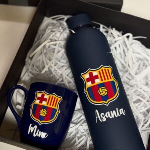 Customizable Gift Set - Insulated Water Bottle and Ceramic Coffee Mug with Team Logo Print (Navy)