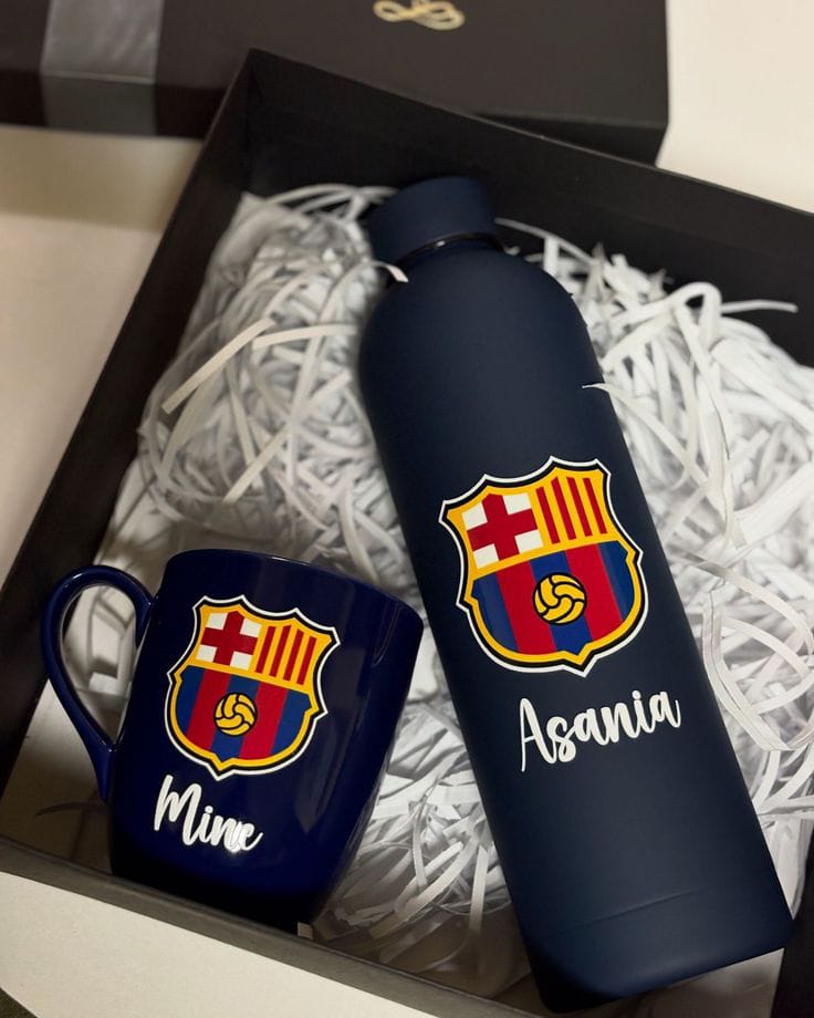 Customizable Gift Set - Insulated Water Bottle and Ceramic Coffee Mug with Team Logo Print (Navy)