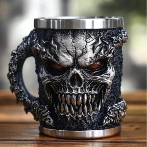 3D Gothic Skull Mug - Stainless Steel Lined Resin Coffee Cup with Tree Root Handle and Optional LED Blue Eyes (Fantasy Collector Edition)