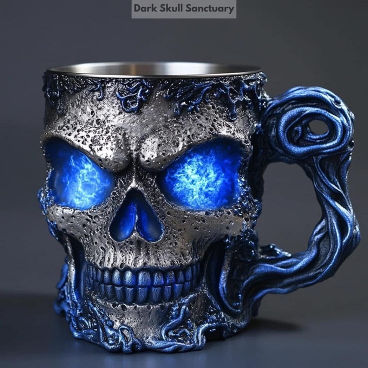 3D Gothic Skull Mug - Stainless Steel Lined Resin Coffee Cup with Tree Root Handle and Optional LED Blue Eyes (Fantasy Collector Edition) - Image 2