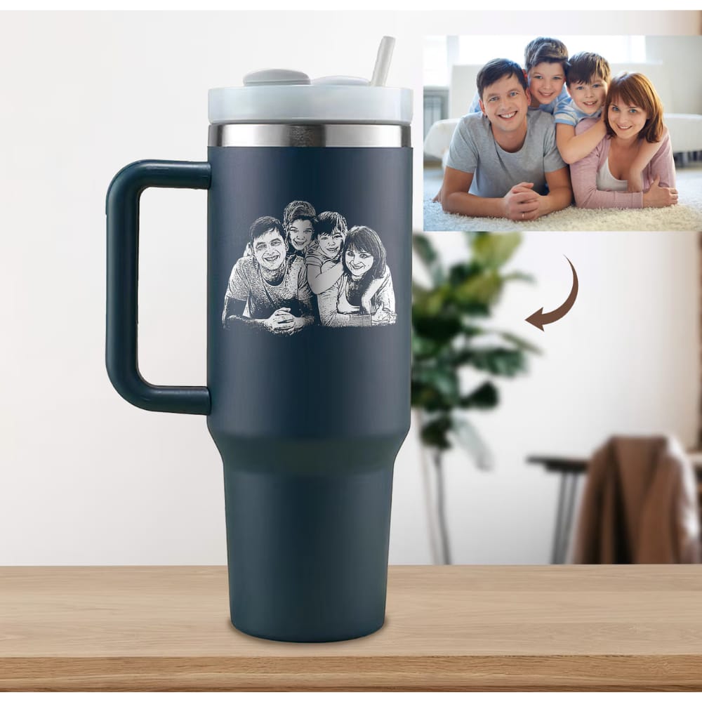 Personalized Stainless Steel Travel Mug with Handle, Straw, and Laser-Etched Design